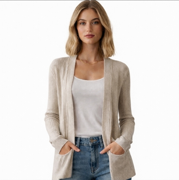 Verve Ami Sweaters - Verve Ami Ribbed Open Front Cardigan Neutral Beige Minimalist Long Sleeve Size S